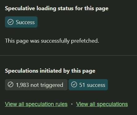 the speculation rules tab in devtools, showing over 2000 URLs being eligible for prefetching